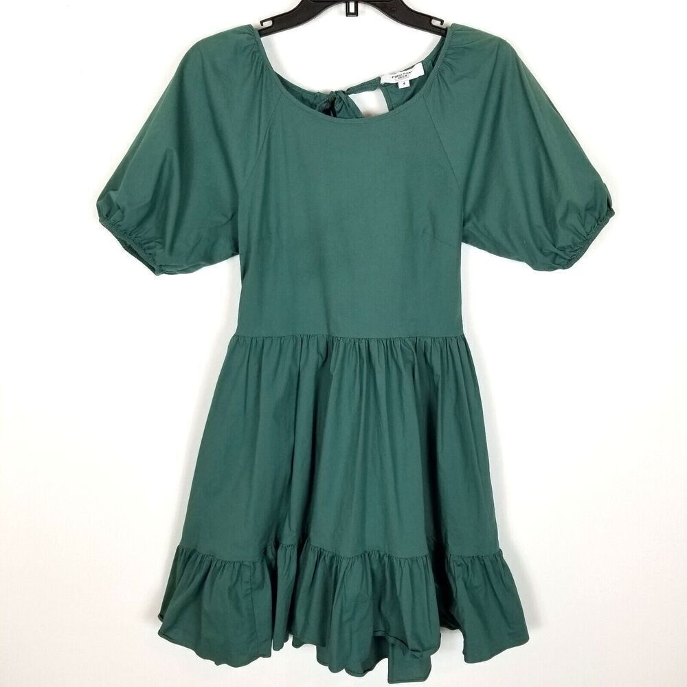 Peter Som Women Teal Puff Sleeve Tiered Mini Dress Size 4 Open Tie Back